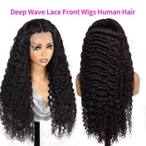 13x6 HD Lace Front Wigs Human Hair 200% Density Curly Deep Wave Wig 16 Inch Deep Wave Lace Front Wigs Human Hair Pre Plucked Curly Wig for Women Natural Color