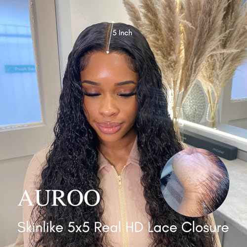 12A Water Wave 5x5 Skinlike Real HD Lace Closure Only Single Knot Human Hair 22Inch, 0.09mm Ultra-thin Invisible Curly Swiss HD Lace Closure Pre Plucked Wet n Wavy Brazilian Virgin Natural Black