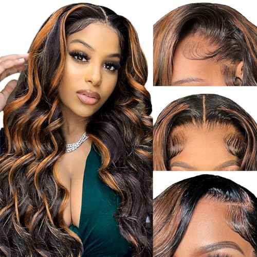 13x6 Highlight Body Wave Lace Front Wigs Human Hair Pre Plucked 200% Density FB/30 Ombre Frontal Wigs Human Hair HD Lace Wig Glueless Balayage Wigs for Black Women Human Hair Bleached Knots 24 Inch