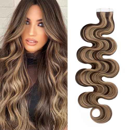 Rich Choices Tape in Hair Extensions Human Hair 40pcs 100g Balayage Golden Brown Highlighted Bleach Blonde 100% Remy Hair Extensions Real Human Hair Seamless Curly Wavy Tape in Hair of 24 inch #12P613