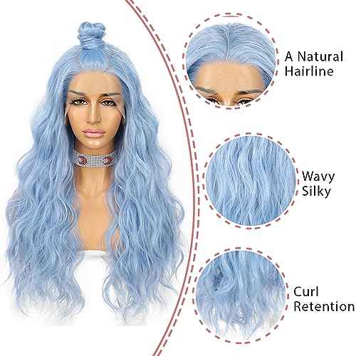 SAPPHIREWIGS Blue Wavy 13¡¿4 Lace Front Wig Long Hair Ice Blue Wigs for Women Heat Resistant Hair Daily Use Cosplay Party Halloween Wig 24inch