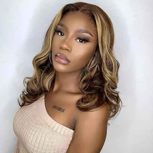 ISEE Wear Go Glueless Wigs Human Hair Pre Plucked Pre Cut Short Bob Body Wave Lace Front Wigs Human Hair for Women Upgraded Glueless Bob Wig 7x5 HD Lace Closure Wigs (Highlight Ombre, 14 Inch)