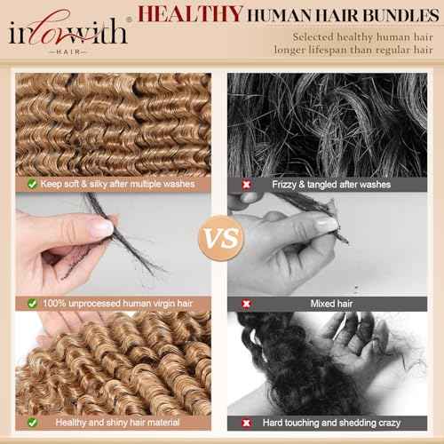inlovwith Honey Blonde Deep Wave Human Hair Bundles, Selected Healthy Deep Curly Bundles Human Hair 27# Colored Brazilian Virgin Hair Wet and Wavy (Single Bundle, 20 Inches)