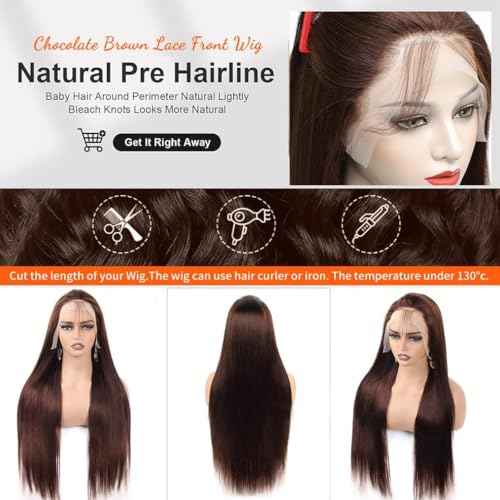 30 Inch Chocolate Brown Lace Front Wigs Human Hair Pre Bleached 200% Density 13x6 HD Straight Lace Front Wigs Pre Plucked with baby Hair