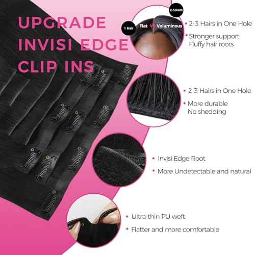 Lashey Invisi Edge & Seamless Clip in Hair Extensions Human Hair, 14 Inch 130g 9pcs(5pcs Invisi Edge& 4pcs Seamless) Real Virgin Human Hair Extensions, Natural Black Kinky Straight Hair