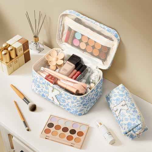 Birthday Gifts for Teen Girls Women, Personalized Initial Makeup Bag Quilted Cosmetic Bag Floral Make Up Bag Travel Toiletry Bag Teen Girl Gifts Trendy Stuff Christmas Gifts for Mom Daughter Friends
