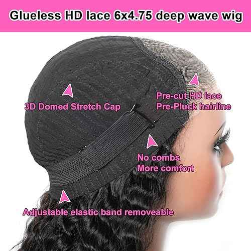 Wear and Go Bye Bye Knots 7x5 Pre Cut HD Lace Deep Wave Glueless wigs Human hair, 3D Dome Cap Glueless Wig Pre Plucked, Lace Pre Cut Glueless Curly Wig Natural black 200% Density 20 Inch