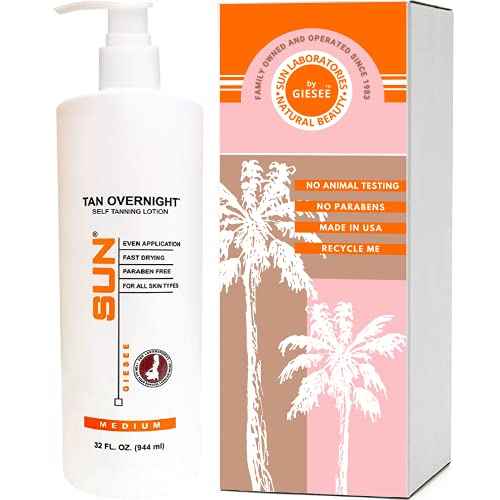 Sun Laboratories By Giesee Tan Overnight Self Tanning Lotion 32 oz - Medium To Dark Self Tanner, Sunless Tanning Lotion, Odorless Long Lasting Tanning Lotion, Instant Tanner Lotion for Face & Body
