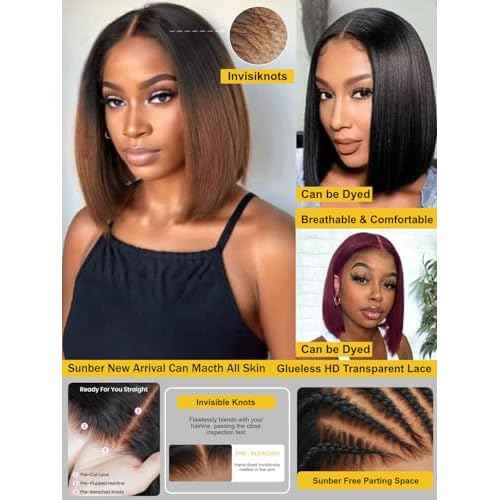 Sunber Ombre Chestnut Brown Light Yaki Straight Bob Human Hair Wigs Bye Bye Knots Pre Cut 7x5 HD Lace Front Lace Put On and Go 3s Wear Glueless Brown Yaki Bob Wig Pre Bleached Invisible Knots 12Inch