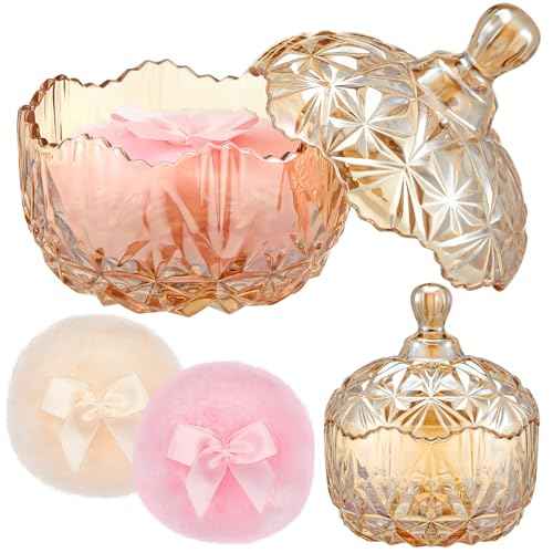 Tioncy 3 Pcs Large Body Powder Puff and Container Crystal Container Soft Washable Reusable Velour Face Body Glitter Wet Dry Makeup(Amber)