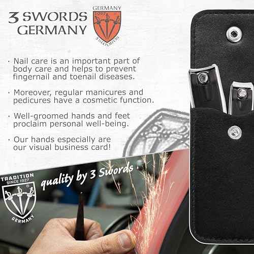 3 Swords Germany ? Brand Quality fingernail & toenail Clipper, Manicure, Pedicure Nail Care by with Metal Nail File and case, Black Edition