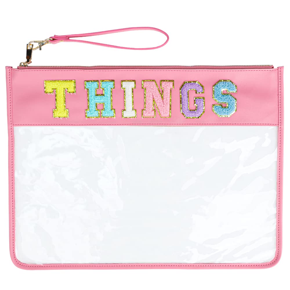 MEEJUNE Chenille Letter Clear Zipper Bag，PVC Wristlet Waterproof Travel Bags Clear Tote Bags for Women/Girls，Snacks Makeup Beach Bag,Pink