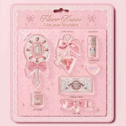 Flower Knows Strawberry Kiss Treasure Set 7 Pieces Makeup Gift Kit,Includes Make-up Palette,Solid Perfume,Lip Cream,Liquid Blush,Hand Mirror,Hair Clip,Powder Puff for Women Girls(Strawberry Treasure)