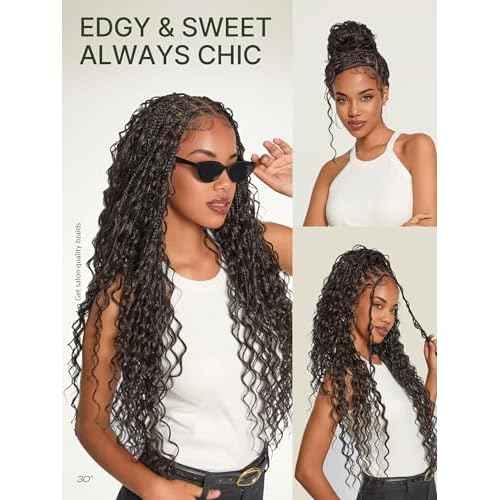 Frodio Braided Wig Veralux¢â Fiber Full Lace Boho Curly Water Wave Synthetic Box Braided Wigs For Black Women Salon-Level 200% Density Bohemia Natural Scalp 30 Inches