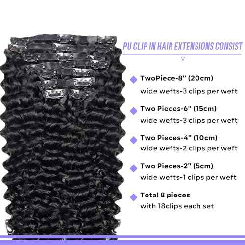 Seamless Clip in Hair Extensions Real Human Hair Deep Wave Brazilian Virgin Human Hair Clip in Extensions for Women 8Pcs PU Remy Hair Skin Weft with 18Clips 120g 24inch Natural Black