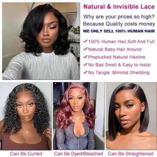 13X6 16inch 230%Density Natural Black Bob Wig Human Hair, Body Wave Wig Human Hair, Short Bob Lace Front Wigs Human Hair, Bob Wigs For Black Women, Pre Plucked With Baby Hair HD Transparent Lace