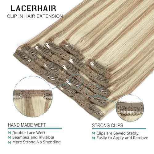 Lacer Clip In Hair Extensions Real Human Hair Soft Virgin Light Brown Highlighted Platinum Blonde Human Hair Clip in Extensions Thick Full Head 120g 7 Pieces 18 Inch
