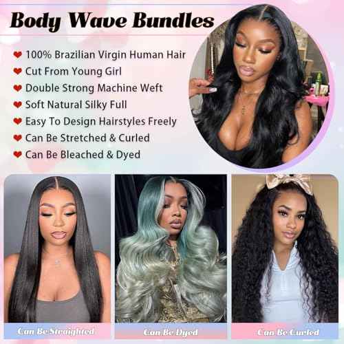 28 Inch Human Hair Bundles Body Wave Quick 1 Bundle for Women 12A 100% Unprocessed Brazilian Virgin Weave Wavy Human Hair Bundles Natural Black