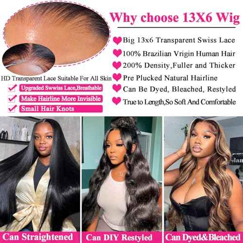 Sunelk 13x6 Lace Front Wigs Human Hair 200% Density HD Transparent Body Wave Lace Front Wigs Human Hair 10A Frontal Glueless Wigs for Women 24 Inch