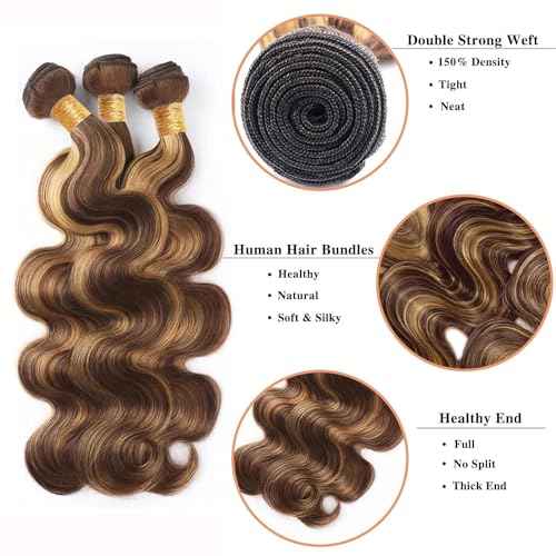 Human Hair Bundles P4/27# Color Body Wave Bundles Human Hair Unprocessed Brazilian Virgin 24 26 28 Inch 3 Bundles Quick Weave Human Hair Extensions (P4/27# Body Wave, 24 26 28)