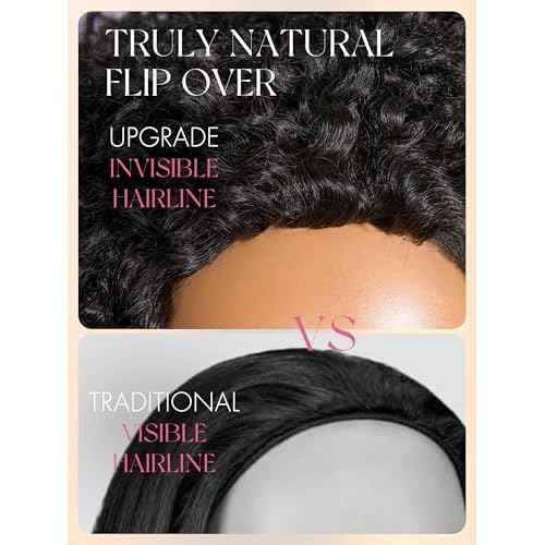 LUVME HAIR Half Wig Kinky Curly Flexi-Fit Invisi Flip Drawstring Wig 200% Density Glueless Wigs 100% Human Hair Natural Black Ready to Go Headband Wig for Women 16 Inches