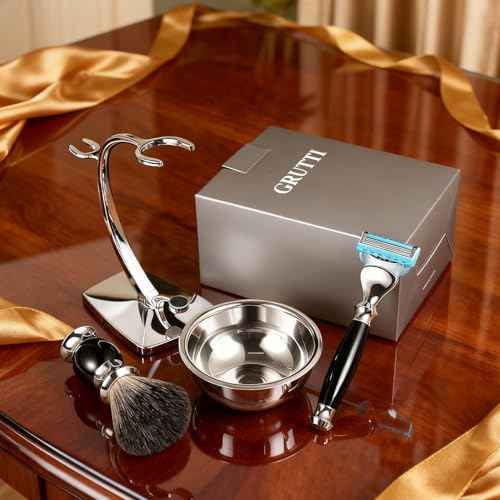 GRUTTI Premium Shaving Kit for Men, 4 in 1 Shaving Set Includes having Stand & Soap Bowl &Brush, Deluxe Safety Mens Razor Holder with Non Slip Base Shaving Kit for Fusion 5