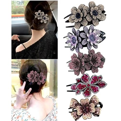 5 Pcs double flower decorative jeweled rhinestone hair clip pretty fancy floral thick crystal hair clips for women beautiful fashion designer asian accessories long chinese korean vintage ornaments