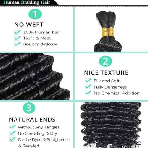 Human Braiding Hair for Boho Braids 100g 26 Inch Deep Wave Bulk Human Hair Braiding Hair Wet and Wavy No Weft Brazilian Virgin Culry Human Hair Extensions for Braiding Black Women 2 Bundles