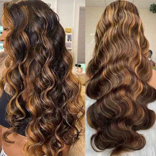 DOSAY Highlight Ombre 13x4 Hd Transparent Lace Front Human Hair Wig 24 Inch Brown Honey Blonde Body Wave Glueless Wigs 180% Density for Woman