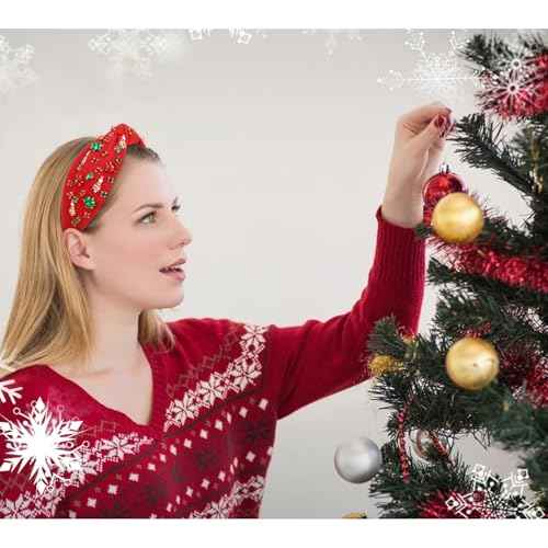 YARIEW Christmas Headbands for Women Christmas Tree Red Green Xmas Bow Jeweled Crystal Xmas Headband Hair Accessories Holiday Decorations