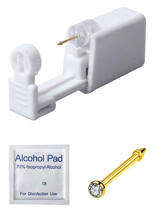 Silver Angel Nose Piercing Kit Gold Color 20G Nose Stud Disposable 16L Steel Needles Piercing Safety Self Body Piercing Kit Tool (1 Pack)