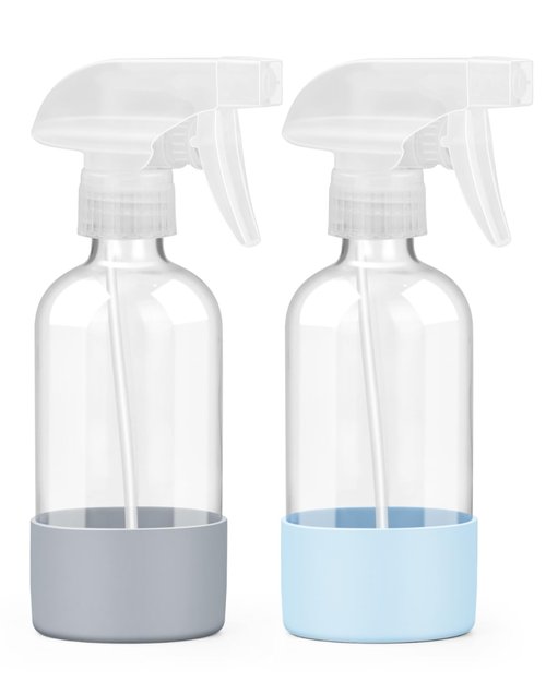 Worldgsb 2 Pack Glass Spray Bottles 8 oz, Empty Refillable Containers with Silicone Sleeve Protection, Glass Spray Bottles for Cleaning Solutions, Hair and Plants with Adjustable Nozzles Blue&Grey