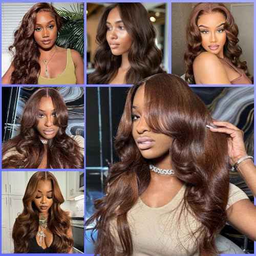 Brown Human Hair Bundles 12A Body Wave Bundles Human Hair 16 18 20 20 Inch 4 Bundles Deal with Baby Hair Unprocessed 100% Indian Sew In Color 4 Bundles Deals with Edges Stripes