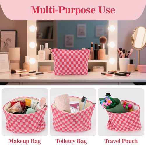 Checkered Makeup Bag - Large Cosmetic Bag for Women, Cute Cosmetic Pouch Travel Pouches for Toiletries, Makeup Brush, Purse, Large Capacity Storage Bag, Rose Red