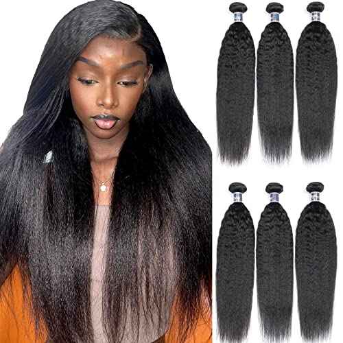 Brazilian Kinky Straight Human Hair - 3 Bundles Virgin Kinky Straight Hair 12 14 16 Inches 100% Unprocessed Kinky Straight Human Hair Extensions for Black Women 1B Color