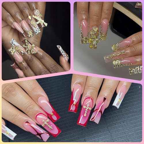 64 Pcs Gold Nail Charms and Gems Y2k Charms for Nails Design Metal Nail Jewels for Nail Art 3D Nail Bow Cherry Butterfly Star Cross Heart Money