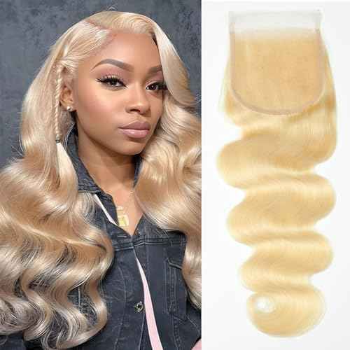 Transparent HD Lace Closure 5x5 Body Wave Blonde Human Hair Pre-plucked Invisible Lace Closure Unprocessed Human Hair Invisible Knot Natural Hairline with Baby Hair(18Inch, Body Wave)