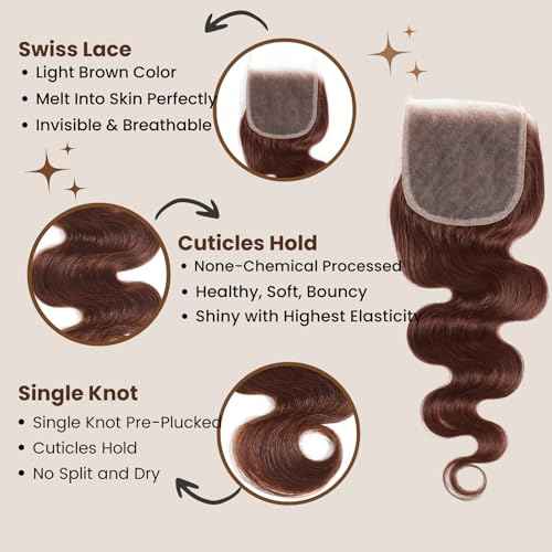 ALHER Color #4 Chocolate Brown Body Wave 4x4 Closure 12A Wavy Free Part Melt 4x4 Lace Closure 100% Virgin Remy Human Hair Brown Color Pre Plucked With Baby Hair Closure 16 Inch