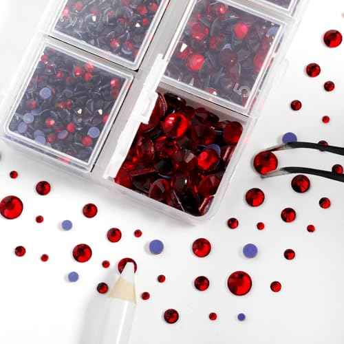 Hotfix Rhinestones 3960pcs, Red Rhinestone for Clothes, Hot Fix Crystals Rhinestones with Tweezers and Wax Pencil Kit,Mixed 5 Sizes, SS6-SS30, Siam