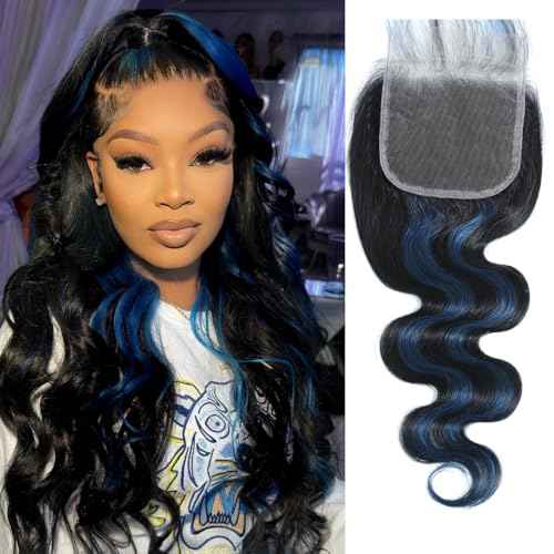 ALHER Black Mix Blue Body Wave 4x4 Lace Closure, 12A #1B/BlueColored Closure Free Part Pre Plucked with Baby Hair, 100% Virgin Remy Human Hair for Black Women 150% Density 12 Inch