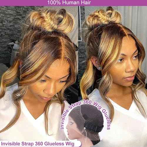Honey Blonde 360 Lace Front Wigs Human Hair Drawstring Ombre Body Wave Lace Front Wigs Human Hair Pre Plucked 360 HD Full Lace Wig Highlight Glueless Frontal Wigs Human Hair 26 Inch