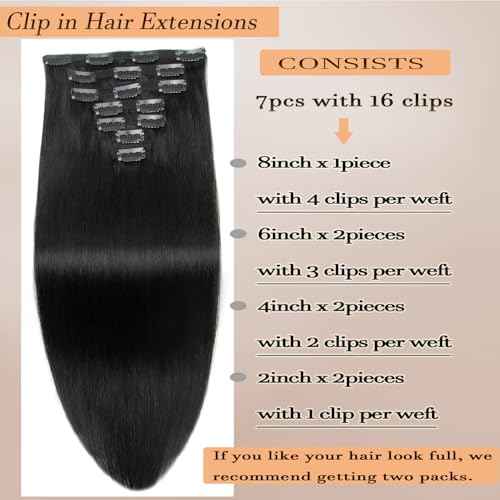Jet Black Clip in Hair Extensions Real Human Hair Clip ins 20 Inch 7pcs 120g Human Hair Clip in Extensions Straight Hair Double Weft Human Hair Extensions For Women