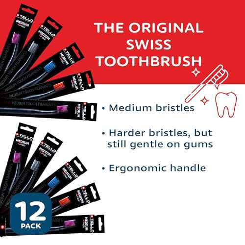 TELLO 3940 Adult Medium Toothbrush for Gentle Cleaning with Ergonomic Handle, Made in Switzerland, Colors Vary, 12-Pack
