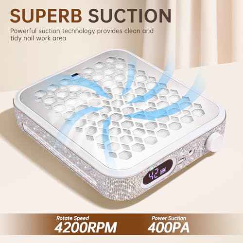 Nail Dust Collector, Rechargeable Dust Collector Nail Tech, Powerful Vacuum Fan Vent Dust Collector Extractor Dust Suction Machine for Acrylic Nails Polishing, Nail Salon&Home, White