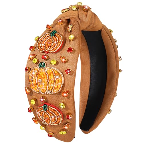 Thanksgiving Headband for Women Fall Accessories Beaded Pumpkin Headbands Jeweled Rhinestone Crystal Knotted Headband Thanksgiving Fall Hair Accessory Gifts (Pumpkin 1 - Brown)