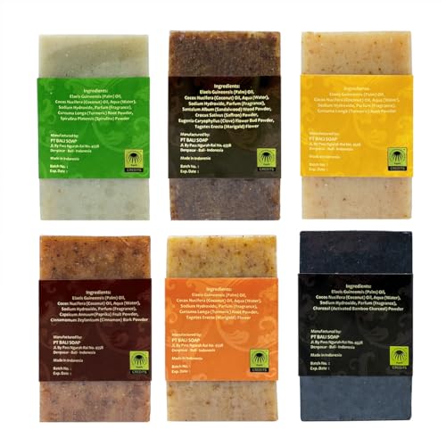 Bali Soap - Orange Collection - Natural Soap Bar Gift Set, Face Soap or Body Soap, 6 pc Variety Soap Pack (Passion Fruit, Sandalwood, Mango, Cinnamon, Plumeria, Bamboo Charcoal) 3.5 Oz each