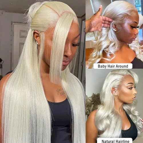 Platinum Blonde Lace Front Wig Human Hair 13x6 HD Transparent Lace Frontal White Blonde Pre Plucked Natural Hairline for Black Women 180% Density Straight Wear and Go Glueless Wigs Human Hair 22 Inch