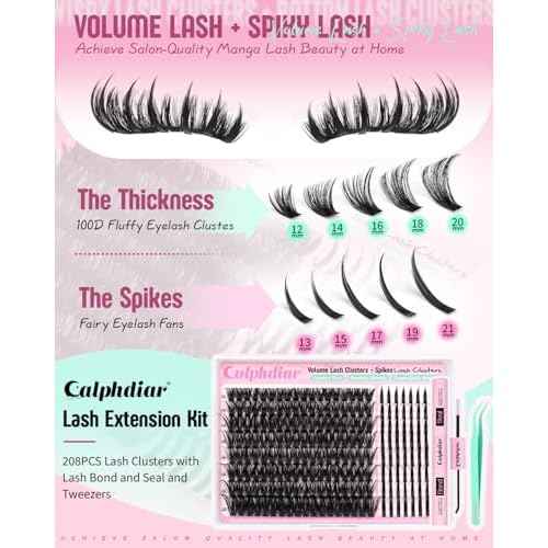 Spikes Eyelash Clusters Volume Lash Clusters Kit DIY Salon-Grade Lash Extensions Spiky Individual Lashes Extension Kit 12-21mm Cluster Eyelash Extensions Kit Manga Lashes Clusters with Bond and Seal