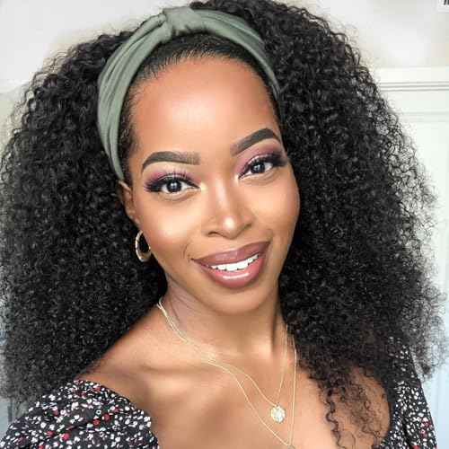 Kinky Curly Headband Wig Human Hair 22 Inch Headband Wigs for Women Human Hair Glueless None Lace Front Curly Wave Wigs Brazilian Virgin Hair Wear and Go Glueless Wig 150% Density Natural Black Color