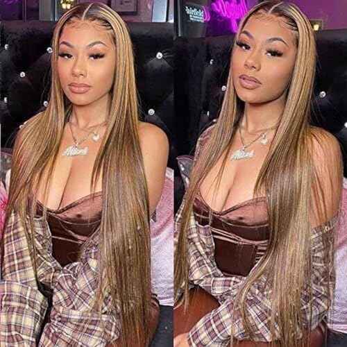 Highlight 13x4 HD Lace Front Wigs Human Hair 4/27 Honey Blonde Straight Transparent Lace Front Wigs Pre Plucked 12A Ombre Wigs Human Hair for Women 180% Density 24 Inch